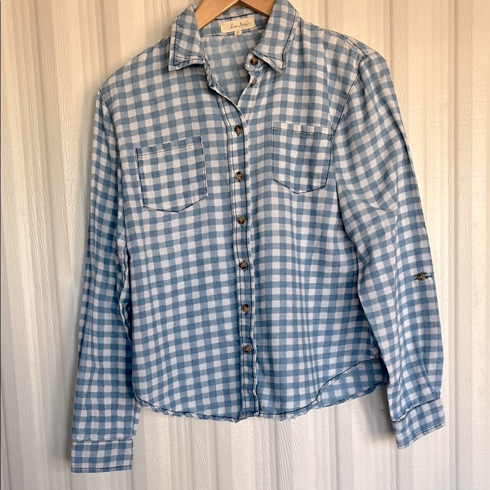 LOVE NOTES Blue Gingham Cotton Blend Y2K Cozy Button-Up Shirt Women’s M‎